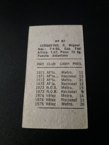 Jugadores 1975. Figurita N° 82 Cerqueiro. Velez. Mira!!!! (Usado)