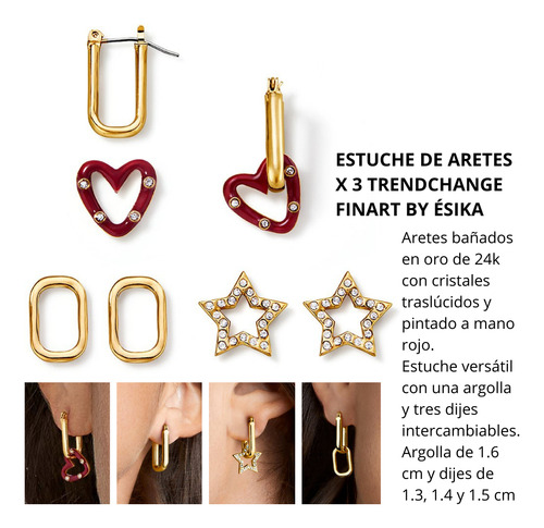 Aretes X 3 Pares Intercambiables Finart Ésika Baño Oro 24k