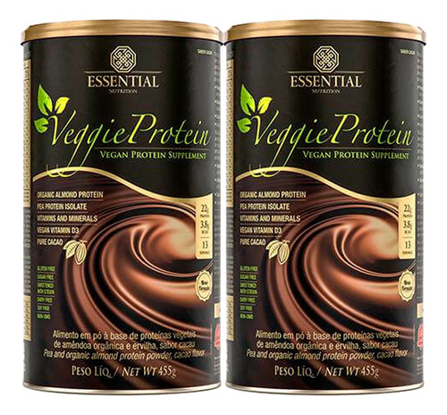 Kit 2x Veggie Protein Cacao Essential Nutrition - 455g Cada Sabor Chocolate
