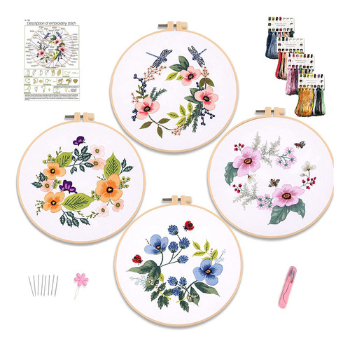 Kit De 4 Bordados, 4 Paños De Bordado Con Flores Botánicas