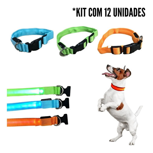 12 Coleira Para Cachorro Pet Com Led Tamanho Médio Regulável