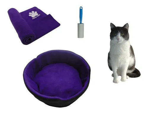 Cama Gato Grande + Cobija Térmica Grande + Quitamotas Color Morado