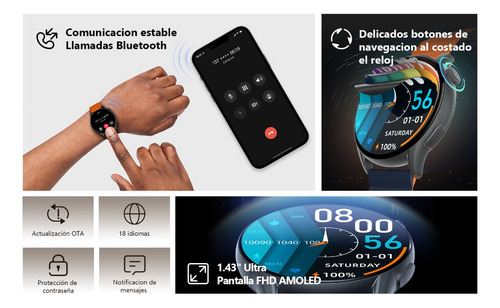 Smartwatch Kieslect K-Series Kr Pro Sport 1.43" caja 40mm de metálico negra, malla de silicona y bisel negro de dlc