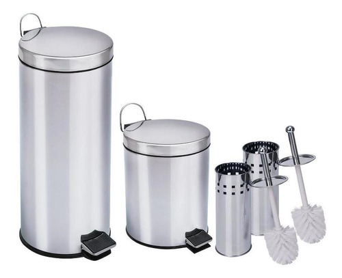 Kit Lixeiras Aço Inox De 5 E 30 Litros, Com 2 Escovas Healer Cor Prateado