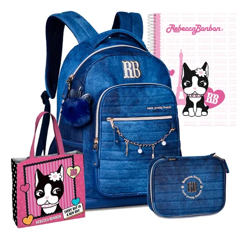 Kit Mochila Estojo Jeans Escolar Juvenil Rebecca Bonbon 2020