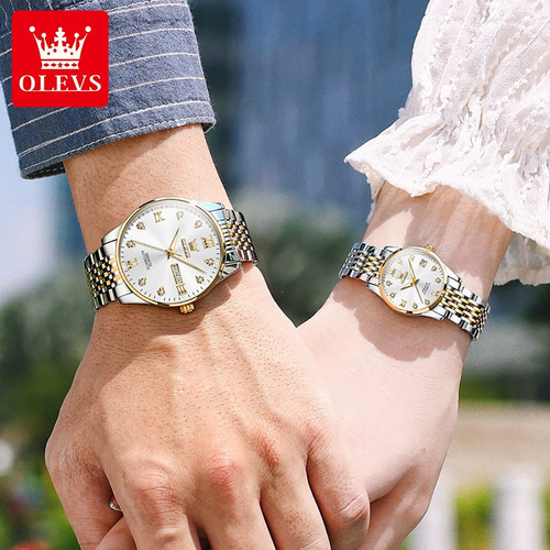 Relojes De Pareja Impermeables Con Calendario, 2 Unidades, D Color De La Correa Plata/dorado