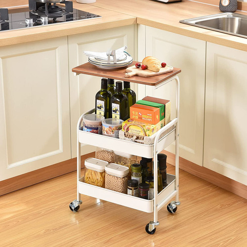Carro de almacenaje metálico de 3 pisos con tablero de madera Zhenyue Multipurpose Organizer Cart color blanco