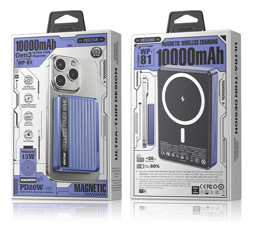 Power Bank 10000mah Batería Externa Carga Rápida Wk Color Gris Azulado
