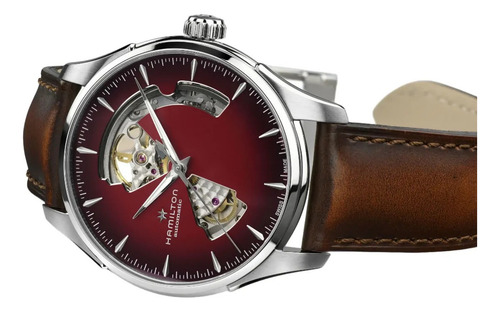 Reloj Hamilton Jazzmaster Open Heart H32675570 Correa Marrón Bisel Plateado Fondo Borgoña
