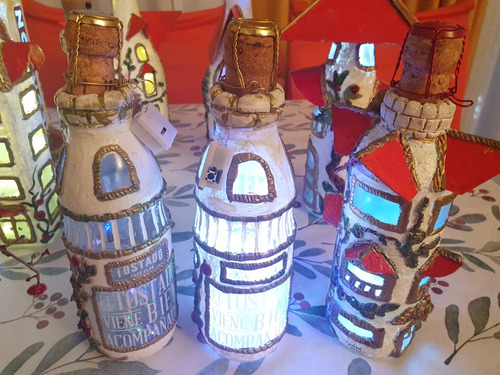 Botella Decorativa Luz Led Aldeas Lampara Artista Original