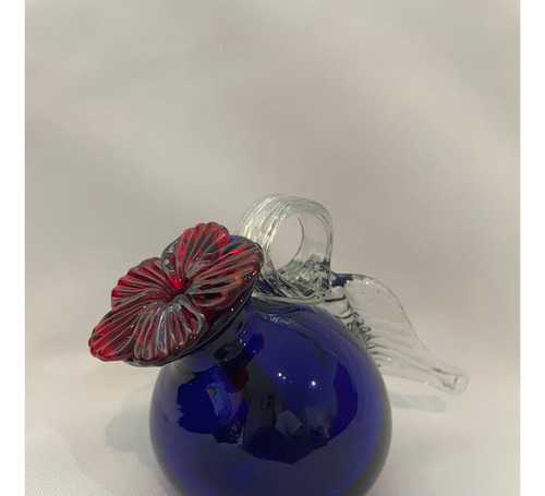 Bebedero Para Colibri Vidrio Soplado Pixie Azul + Flor Roja