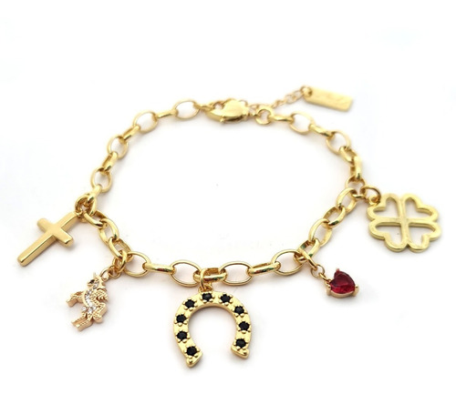 Pulsera De La Suerte Amor Abundancia Fé Chapa 18k