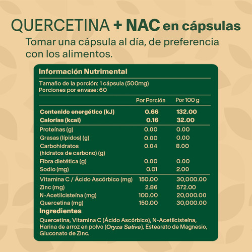 Quercetina + Nac 60 Capsulas A Base De Quercetina, Nac, Zinc