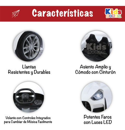 Kids House Carro Blanco Para Niños Montable Infantil Dash, con Luz, Música USB MP3, Educación Temprana, Batería Dual, Diseño Compacto y Seguro, Ideal para Aprender Jugando