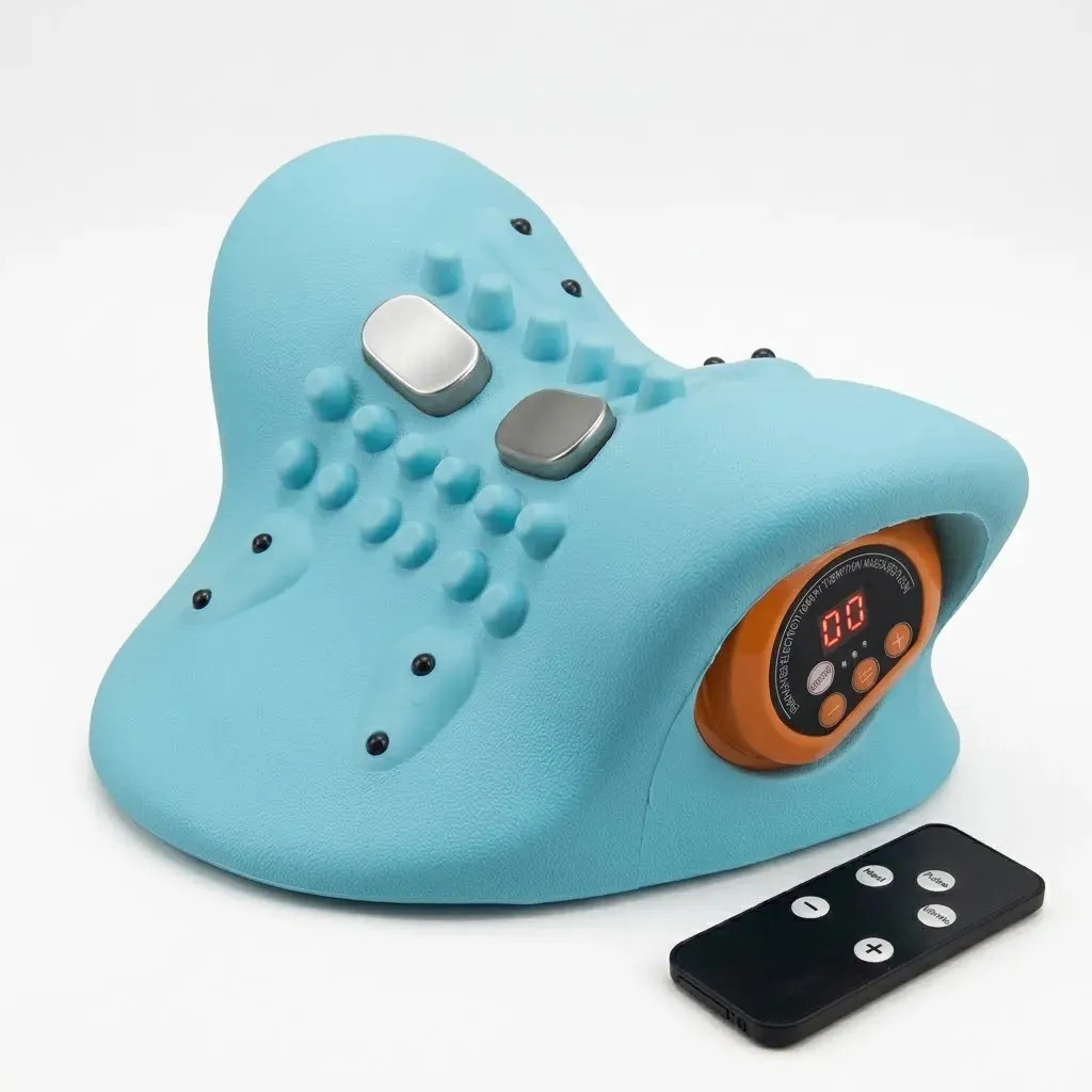 Massageador De Pescoço Cervical Com Controle Remoto Alívio De Dores E Relaxamento Aquecimento Almofadado Bateria Usb Azul Hardline