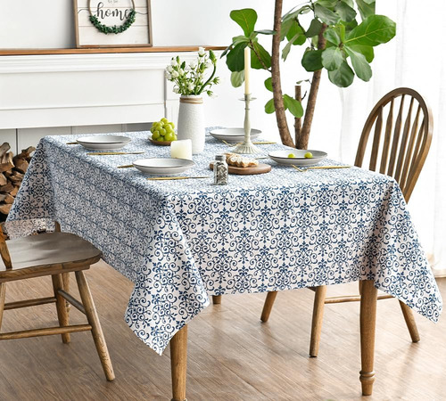 Mantel Rectangular De Algodón 132x178 Cm Diseño Vintage Azul