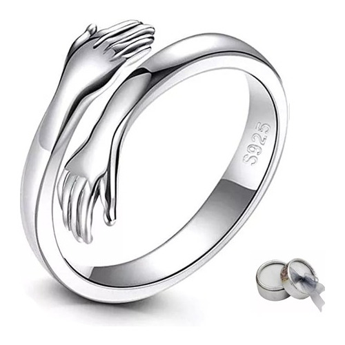 Anillo De Plata 925 Ajustable Manos Abrazo Pareja Compromiso