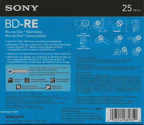 Disco Blu-ray Sony Regrabable Bd-re 25gb 2x
