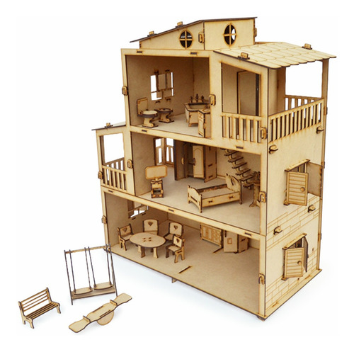Casita De Muñecas Casa Fibrofacil Mm + 35 Muebles Color Crudo