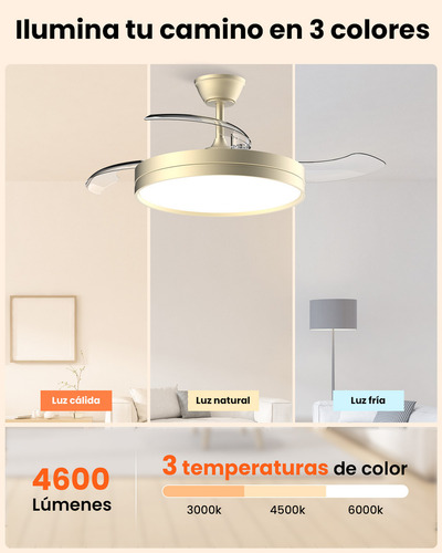 Ventilador de Techo Dorado Retráctil 42" con Luz LED de 3 Tonos, Motor DC Silencioso, 6 Velocidades, Control Remoto, Aspas Invisibles, Reversible para Verano e Invierno, Diseño Moderno Interior