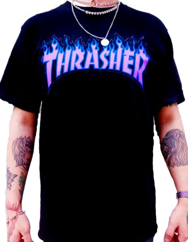 Playera Thrasher Flama Rosa/azul Goth Aesthetic Streetwear