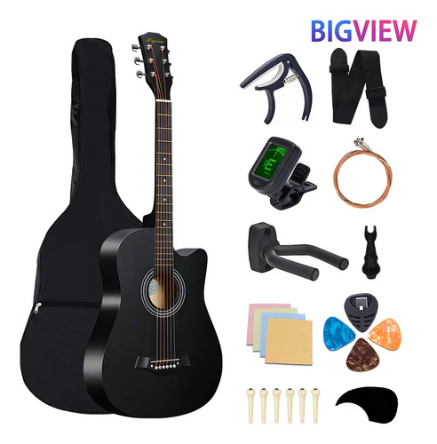 Bigview Guitarra Acústica Clásica Negra 38" de Madera Cuerdas de Acero, Kit Completo para Principiantes con Funda
