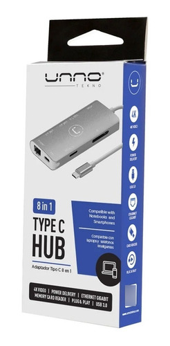 Adaptador Hub Unno 1x8 Usb-c A Hdmi Lan Usb-c 3xusb 3.0 Sd