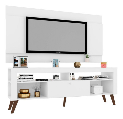 Rack Com Painel Retrô Tv 70 1 Gaveta Multimóveis Cr45197 Cor Branco