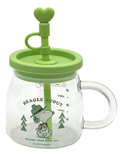 Taza Grande Snoopy 850ml Vidrio Asa Tapa Y Popote Colores