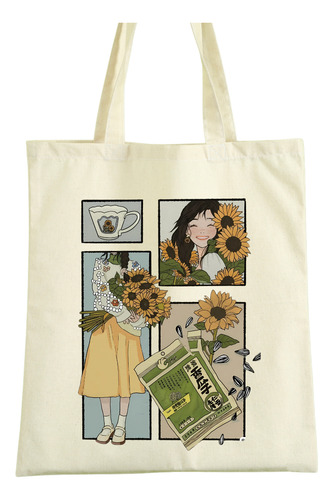 Tote Bag Tela Lienzo Estampado - Entre Girasoles 40 X 35cm Beige Entre Flores De Girasoles