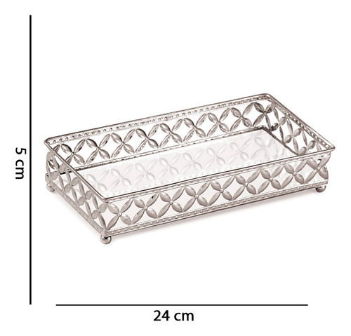 Bandeja Decorativa Retangular Metal Prata Com Espelho 5x24cm