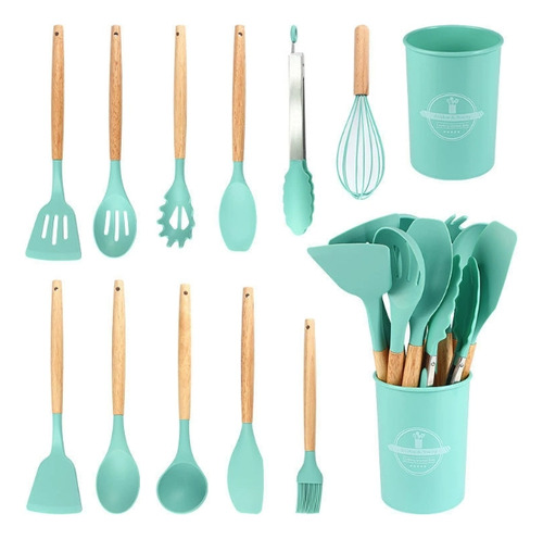 Juego Utensilios De Cocina Silicona 12pzs Mango Madera Color Turquesa