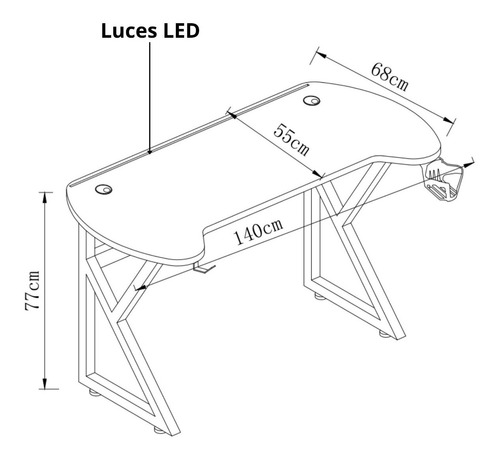 Escritorio Gamer U 140 Cm Luz Led Patas De Fierro