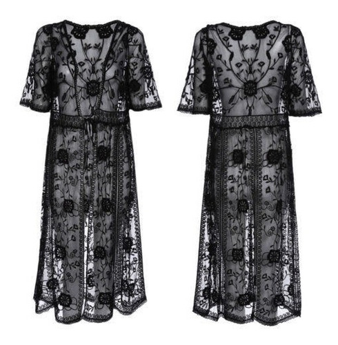 Kimono Encaje Negro Mesh Chico Mediano Ch M Boho