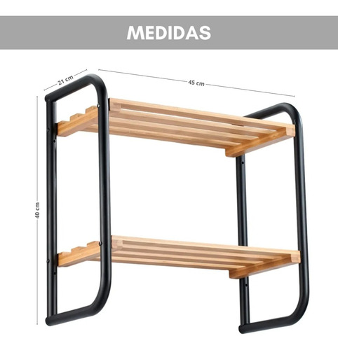 Toallero Repisa Organizador Doble Estante Madera Bambú Madera Bambú Y Negro