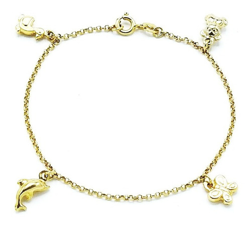 Pulsera Oro Amarillo 14k Dama Dijes Tejido Rolo Largo 18.2