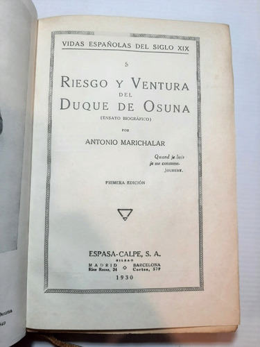 Antiguo Libro Riesgo Y Aventura Duque De Osuna 1930 Ro 1591