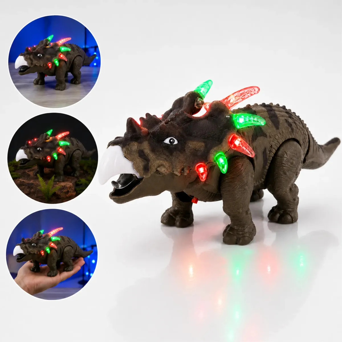 Brinquedo Dinossauro Robô Triceratops Led Som Anda Crianças Dinossauro Cinza