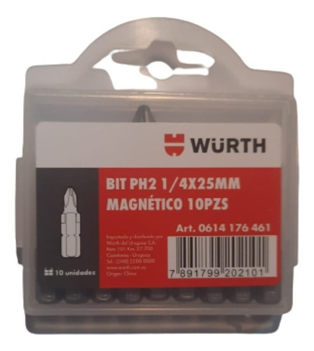 Imagen 1 de 6 de Puntas Ph2 Wurth Magnetica 1/4 X 25mm Set X 10 Unidades