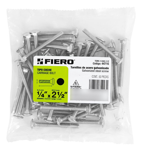 Bolsa Con 50 Tornillos 1/4 X 2-1/2 Tipo Coche, Fiero 44716