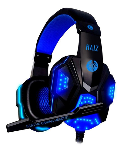 Imagem 1 de 5 de Fone de ouvido over-ear gamer Haiz Deneb preto e azul com luz  azul LED