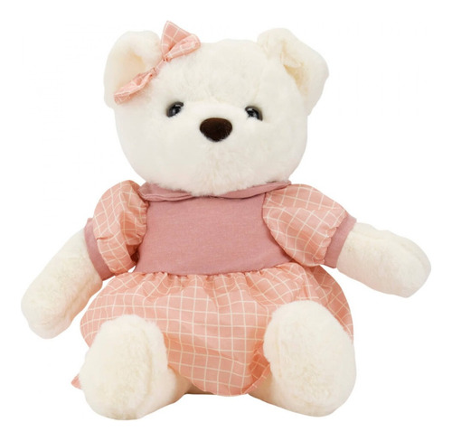 Urso Branco Sentado Vestido Rosa Quadriculado Pelúcia 40 Cm Cor Bege