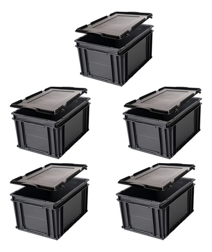 5 Contenedores Plásticos Con Tapa 4322a 40x30x22cm Apilables Color Negro