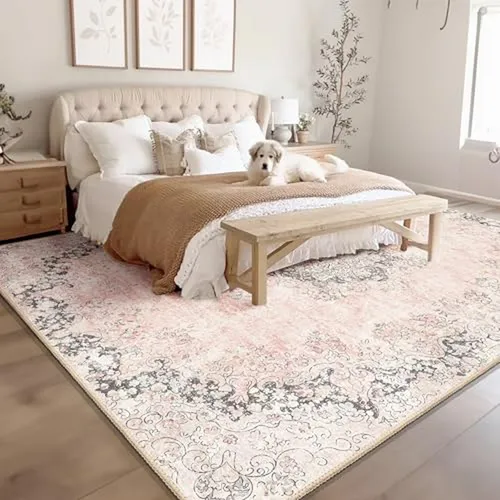 Alfombra 5x7 Rosa Lavable Tanvill Para Sala Y Dormitorio