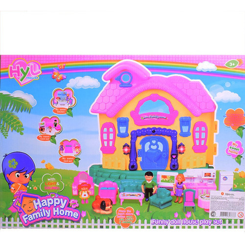 Casa Para Muñecos Con Muñecos Y Accesorios Con Sonido Color amarilla y rosa