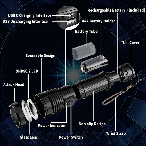 Linterna Portátil Táctica Led Recargable De 10000 Lúmenes