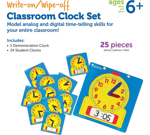 Learning Resources Write & Wipe Clocks Classroom Set - 25...