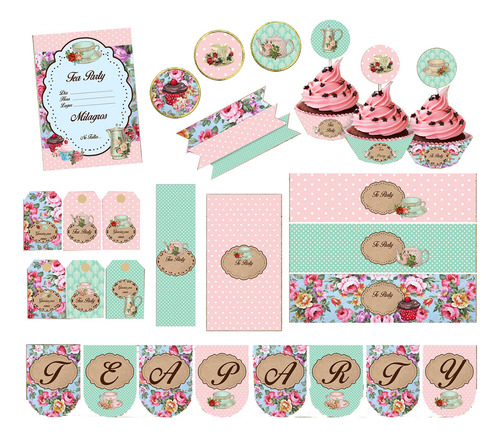 Kit Imprimible Te Party Vintage Solo Textos Editables