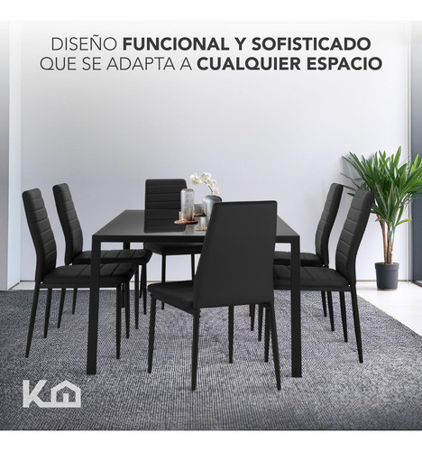 Juego Comedor 6 Sillas Con Mesa De Vidrio Templado Rectangular Estructura Metálica Para 6 Personas Moderno Color Negro Kingshouse