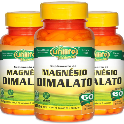 Kit Com 3 Magnésio Dimalato Unilife Vitamins 60 Cápsulas Sabor Sem Sabor